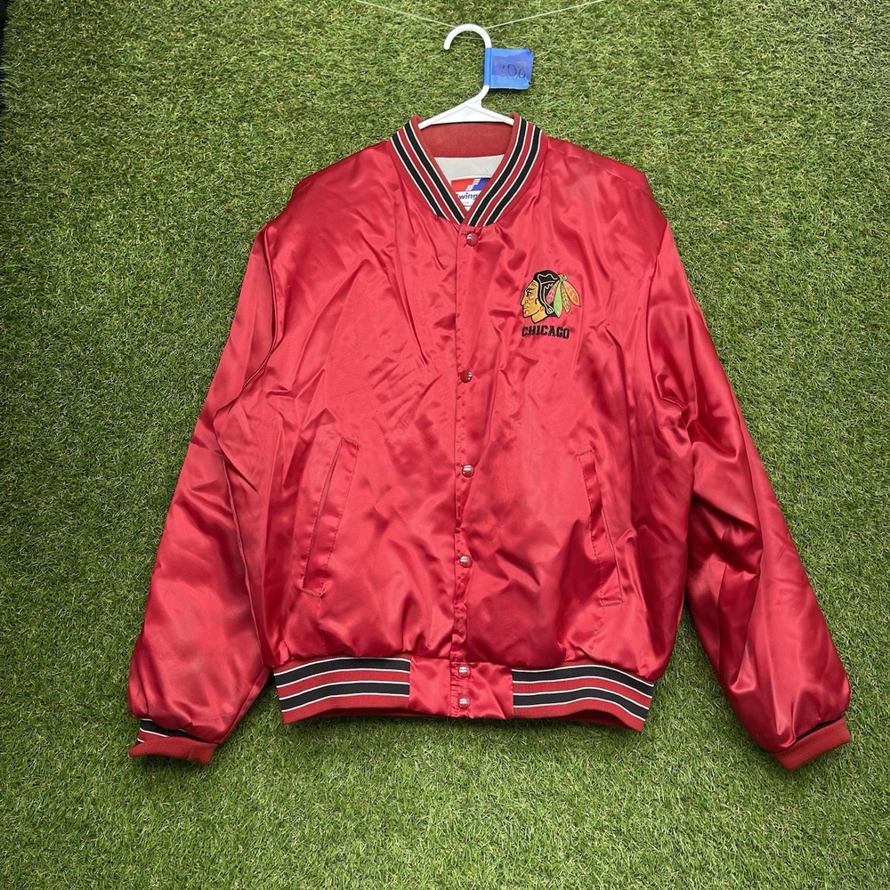 Vintage Chicago Blackhawks Satin Jacket Mens Large USA Swingster NHL Snap Close